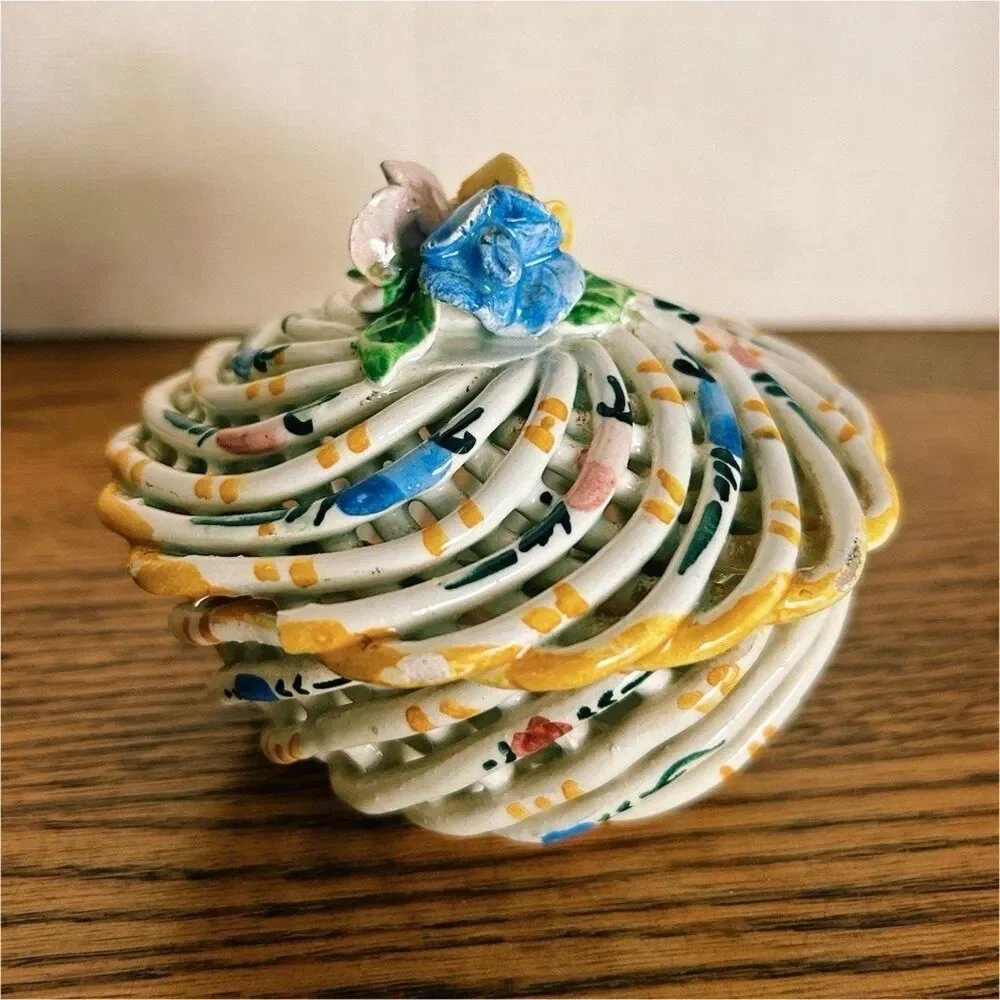 Vintage Spanish Open Weave Porcelain Trinket Box Lattice Floral Lidded Dish
